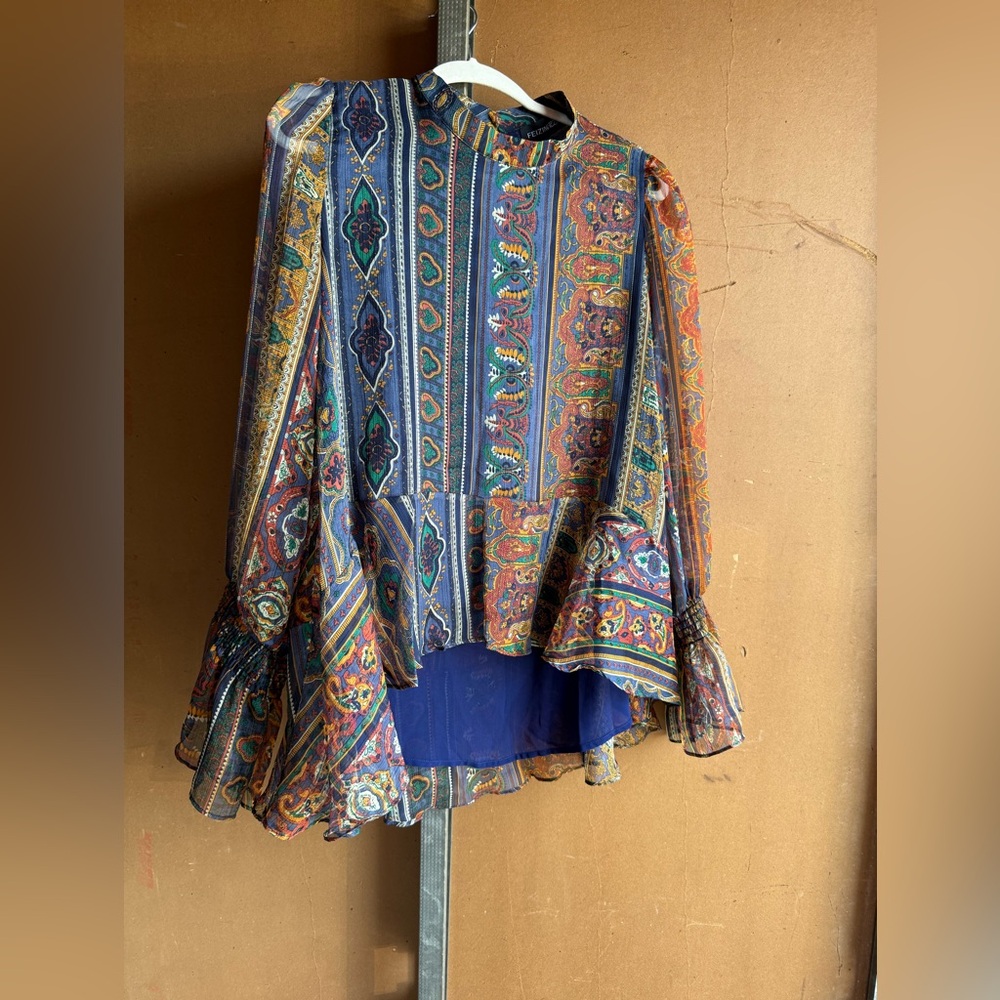 Feizing Sheer blouse in Paisley pattern Long Sleeve Smocked Cuff Tunic Blue XL
